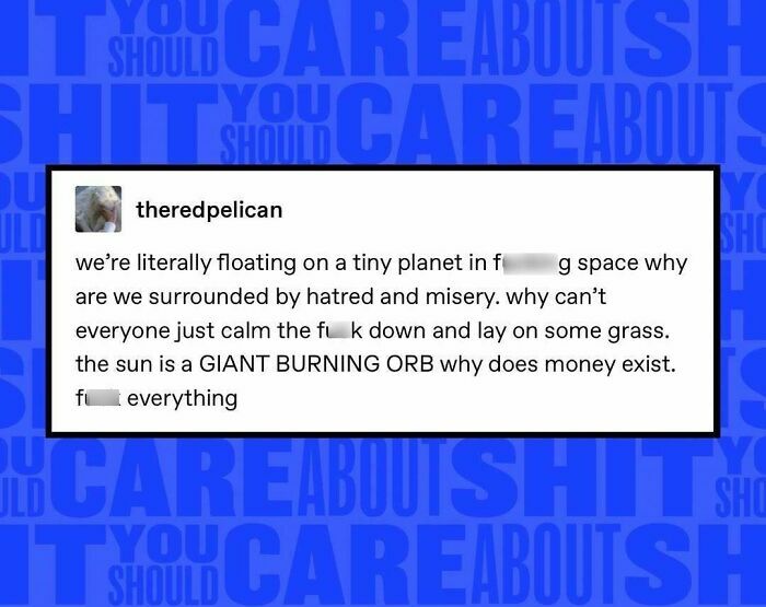 Text post overlay on a blue background with "Stuff You Should Care About" pattern.