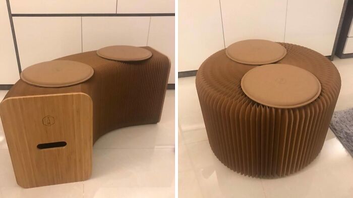 Expandable brown paper furniture solution for small spaces, showcasing versatility and modern design.