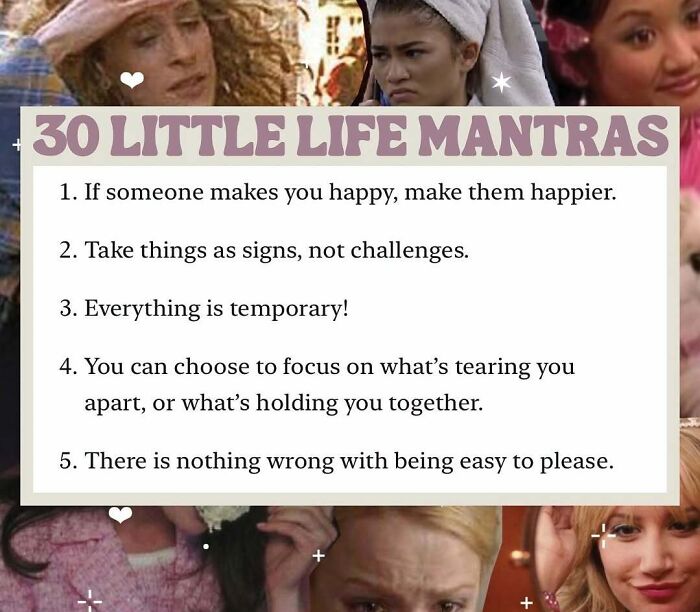 Wholesome life mantras displayed on a collage background of thoughtful and happy faces.