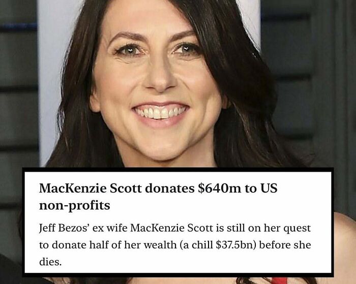 Smiling woman with text about donating $640m to US non-profits.