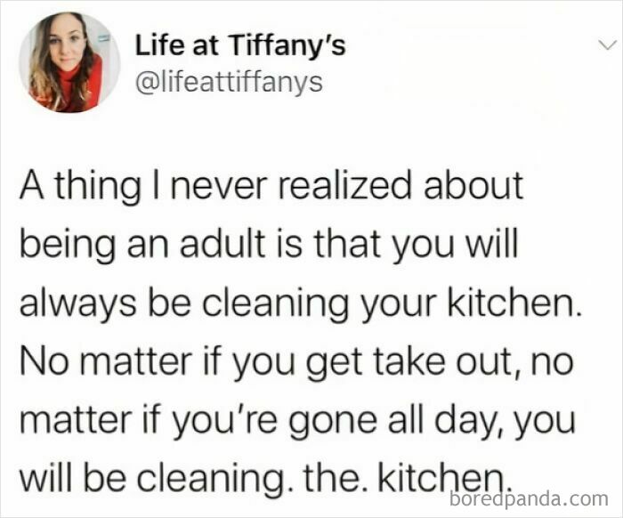 Tweet about adulthood struggles, humorously noting constant kitchen cleaning.