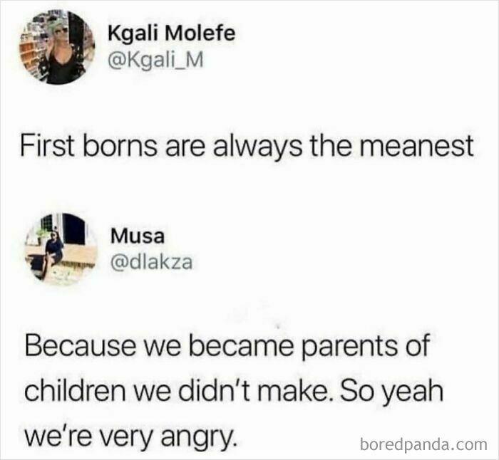 Humor meme about first-born children being mean due to parenting siblings.