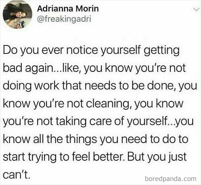 Text meme from 'Women's Humor' about not taking care of oneself despite knowing what needs to be done.