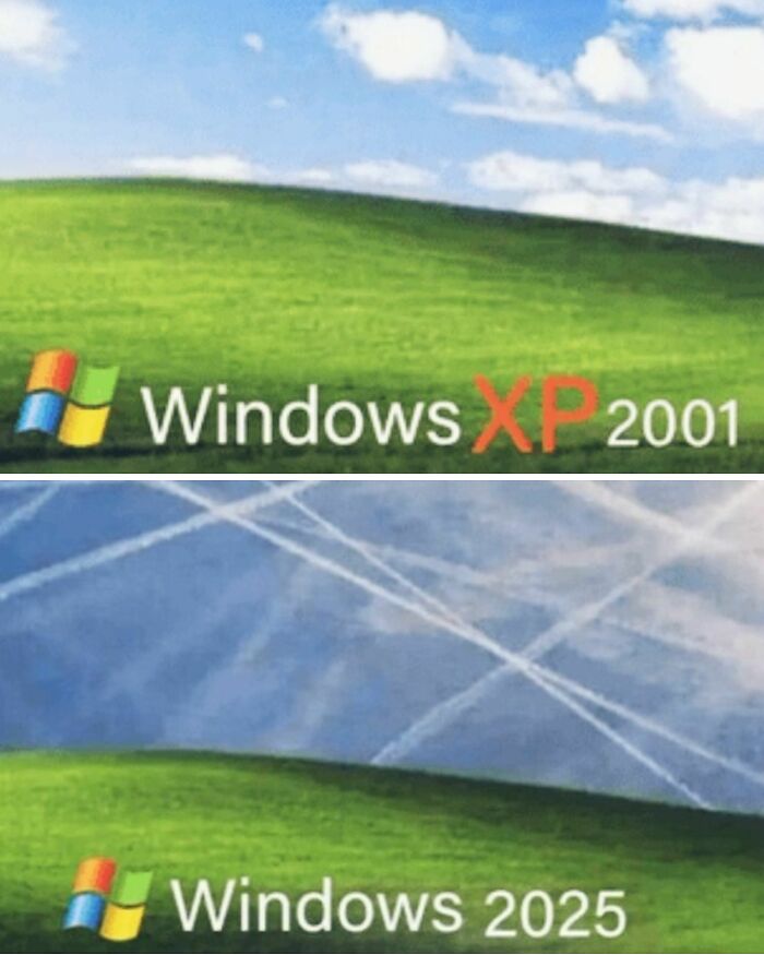 Comparación entre fondos de Windows XP 2001 y Windows 2025, ilustrando opiniones escandalosas de internet.