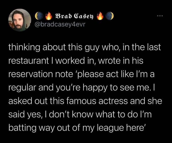 Tweet from Conxfession IG page about a restaurant guest's humorous request and dating a famous actress.