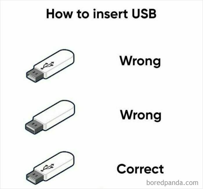 USB insertion struggle meme with "Wrong" and "Correct" labels, illustrating common mishaps.
