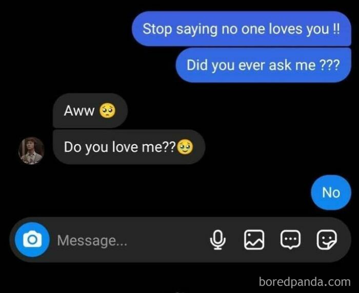 Sadcastic meme with a playful text exchange about love and humor, ending with a surprising twist.