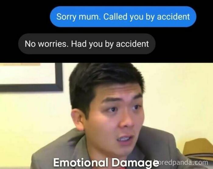 Text conversation with humorous "Emotional Damage" meme response, featuring sarcasm.