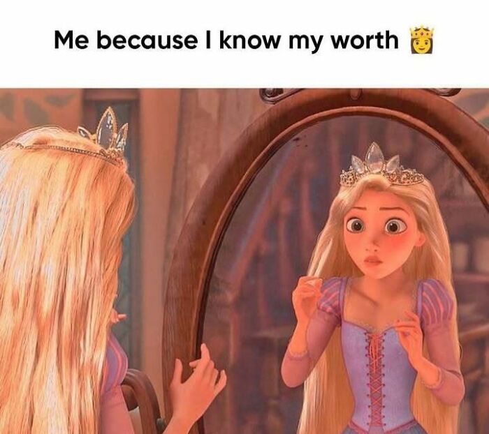Animated character in the mirror wearing a crown, expressing confidence. Sadcastic meme theme.