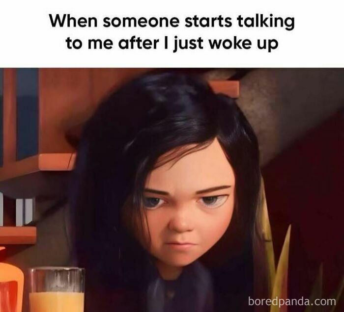Animated character with tired look, captioned "When someone starts talking to me after I just woke up." Sadcastic meme.