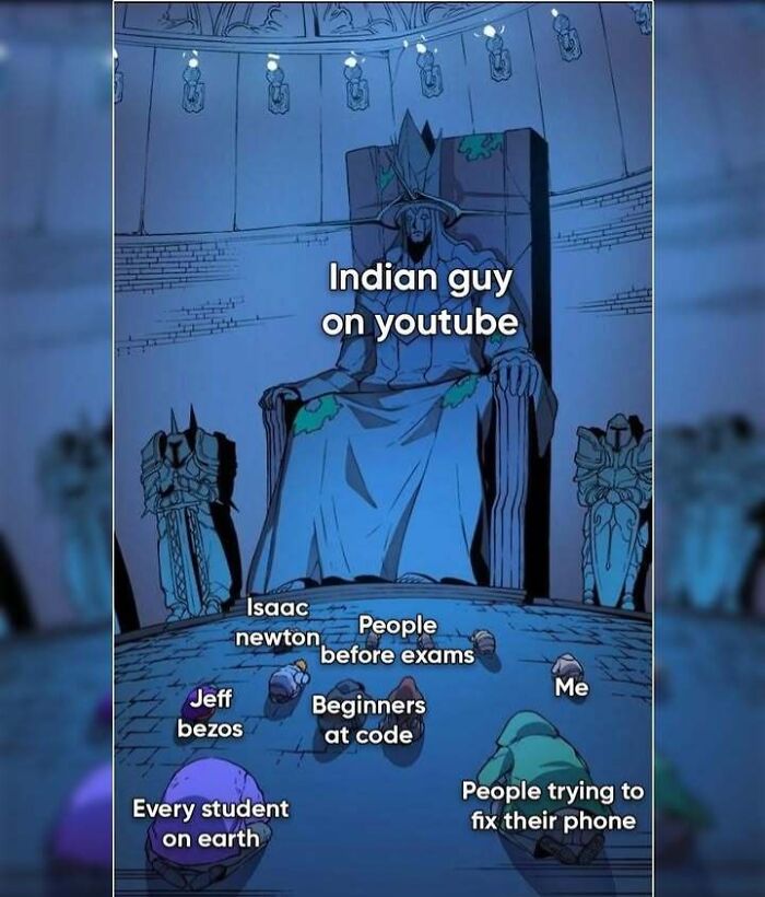 Sadcastic meme of people kneeling before a throne labeled "Indian guy on YouTube," symbolizing admiration.
