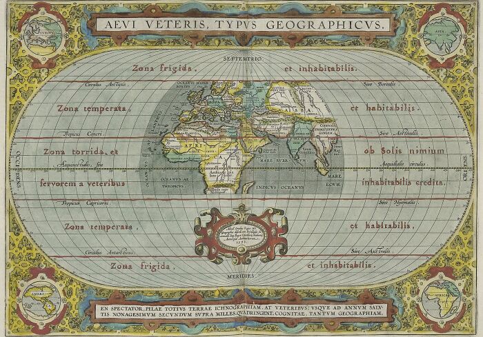 Historical map depicting ancient geographical zones, highlighting temperate and torrid regions with detailed artistry.
