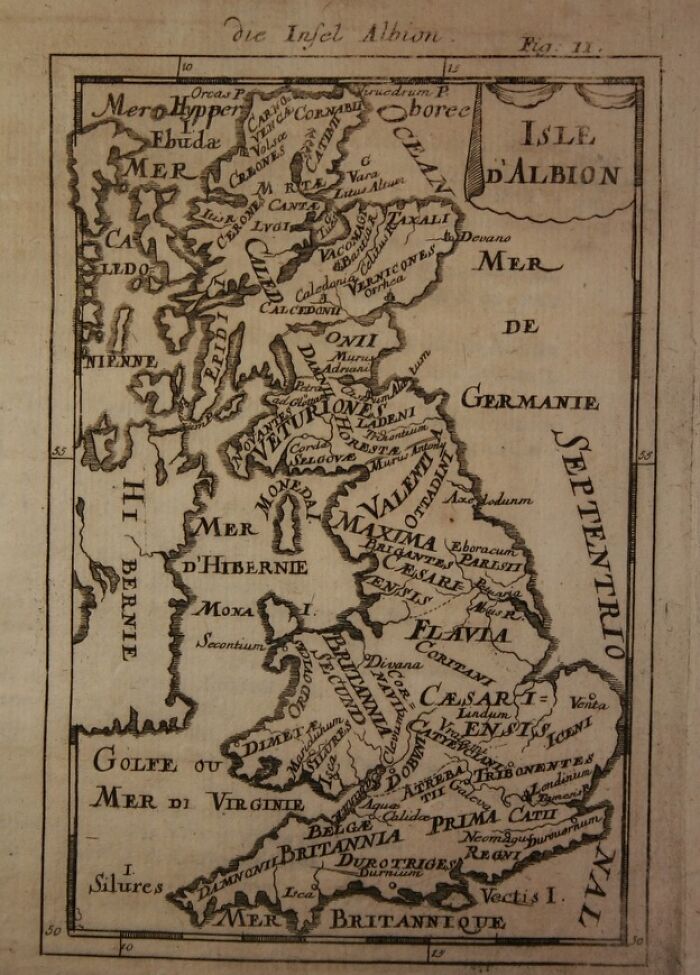 Ancient map of Albion showing detailed locations, reflecting historical exploration and navigation techniques.