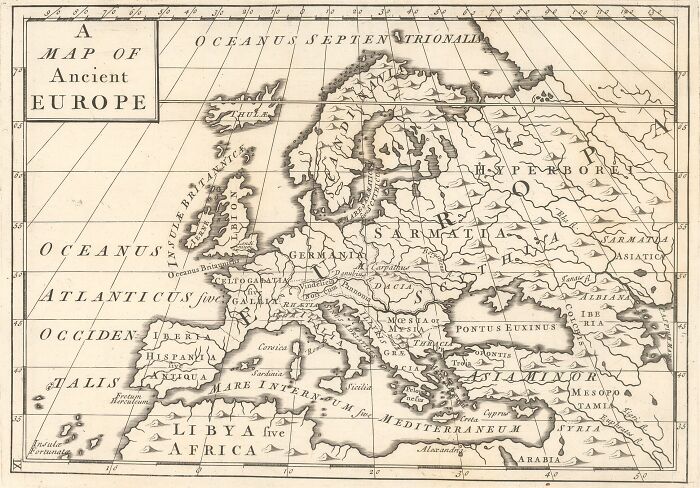 Ancient Europe map depicting historical regions and seas, offering insights into past geographical perspectives.