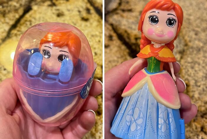 Easter basket stuffer: a small doll in a transparent egg, revealing a colorful dress when opened.