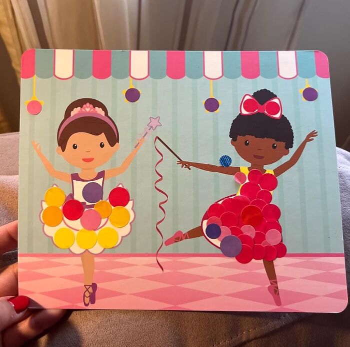 Colorful Easter basket stuffers featuring two playful, sticker-decorated ballerina illustrations on a pastel background.