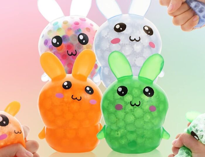 Colorful squishy bunny toys as unique Easter basket stuffers, featuring vibrant designs and playful expressions.