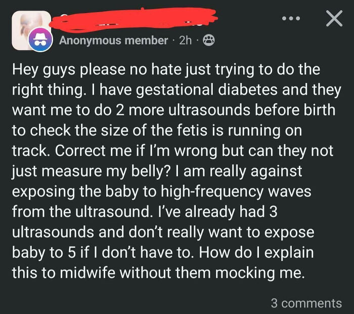 Anonymous post in a mom group expressing confusion about gestational diabetes and ultrasound frequency concerns.