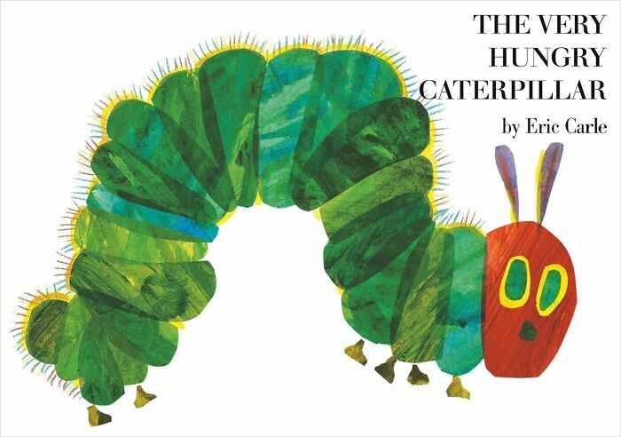 Colorful caterpillar illustration from a children’s book cover by Eric Carle.