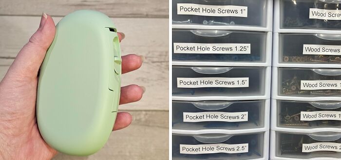 Adult organizing strategy for handling a Costco a*******n with labeled storage for pocket hole screws.