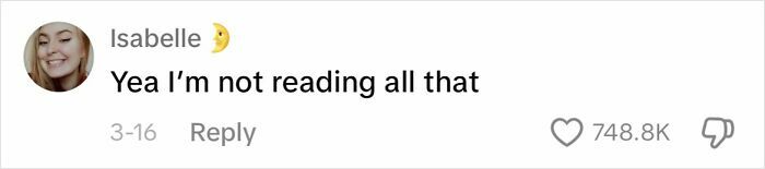 Isabelle comments, "Yea I'm not reading all that," highlighting ways men "apologize" with over 748.8K likes.