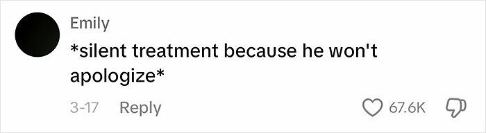 Comment from Emily on silent treatment related to men apologizing, with 67.6K likes.