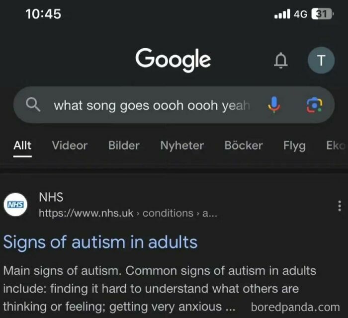Google search meme with humor about a song query leading to unexpected autism signs result.