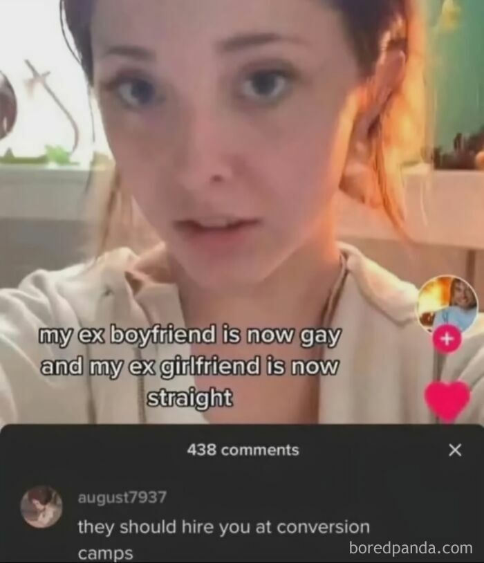 Woman sharing a humorous story about exes with text overlay about their changing orientations. Daily humor memes.