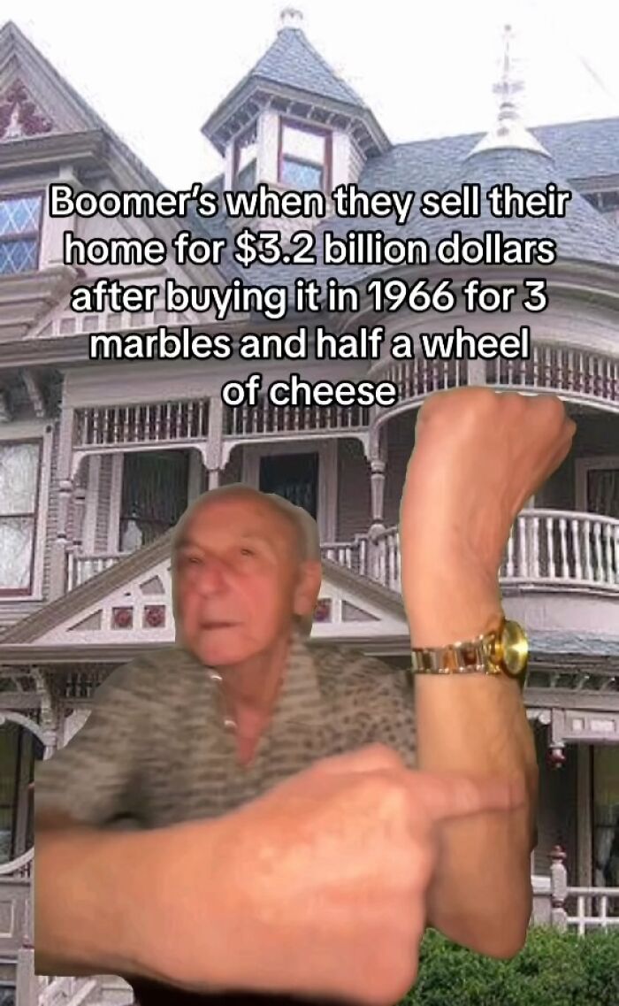 Elderly man gesturing triumphantly in front of a vintage home, featuring a humorous text overlay.