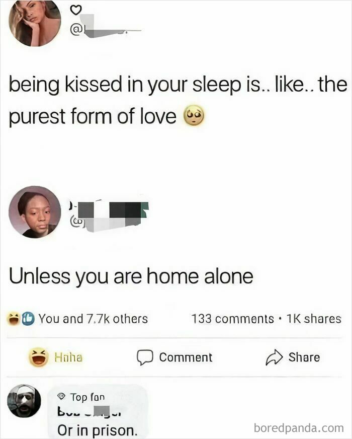 Funny social media meme about the purest love, with a humorous twist when home alone or in prison.
