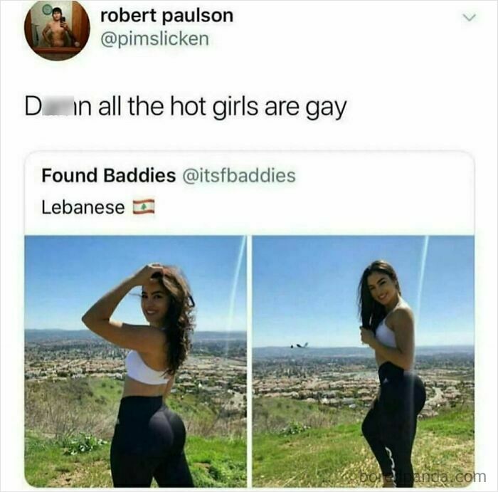 Tweet humor meme with text about attractiveness and images of a woman outdoors with a scenic background.