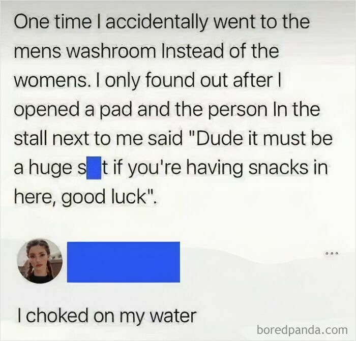 Humor meme about accidentally using the men's washroom and a funny reaction.