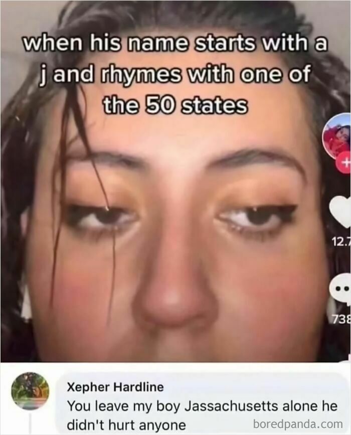 Close-up of a person's face with humorous text overlay and a playful comment, conveying daily humor memes.