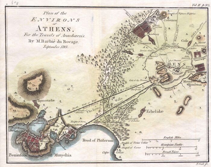 Old map of Athens from 1785 showing key exploration and navigation routes and landmarks.