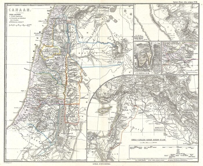 Ancient map of Canaan and Palestine detailing historical exploration routes and significant landmarks.