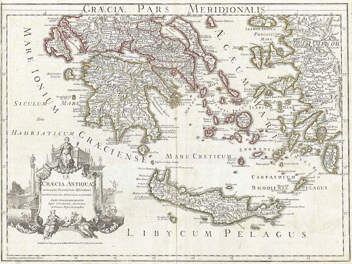 Antique map of ancient Greece, showcasing detailed topography used in historical exploration and navigation.