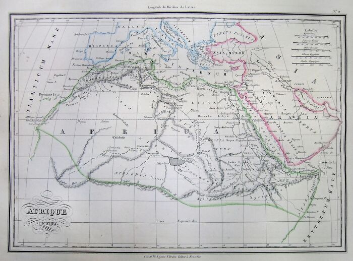 Old map of ancient Africa, highlighting regions and navigational routes, used for exploration.