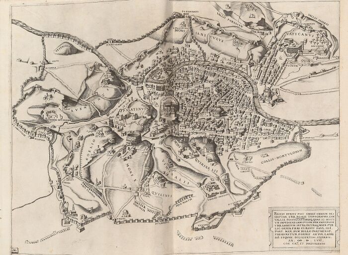 Ancient map showcasing detailed exploration and navigation routes of a historic city layout.