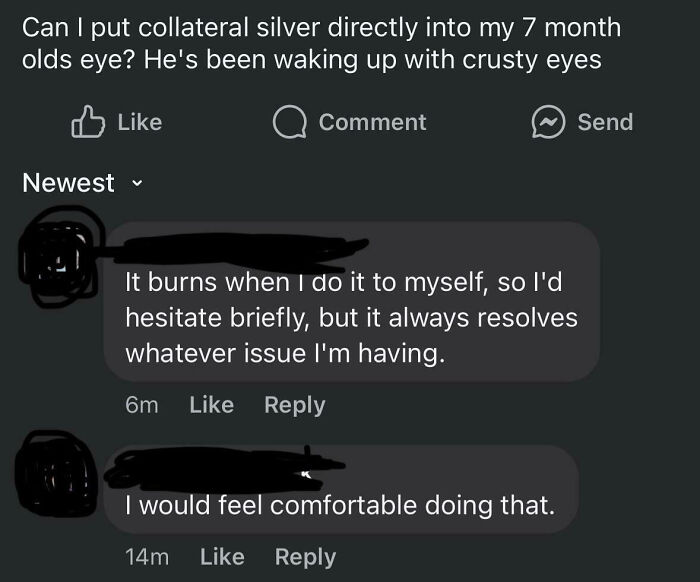 Mom group post discussing using silver in a baby's eye for crustiness, with mixed reactions in comments.