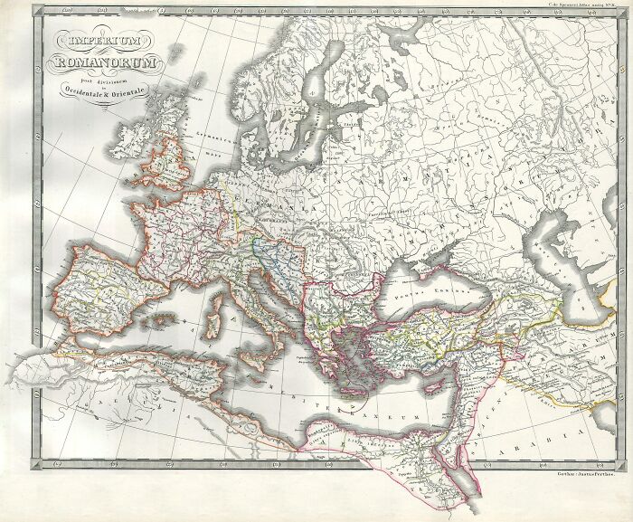 Old map of the Roman Empire highlighting key territories and borders in Europe and Asia for exploration and navigation.