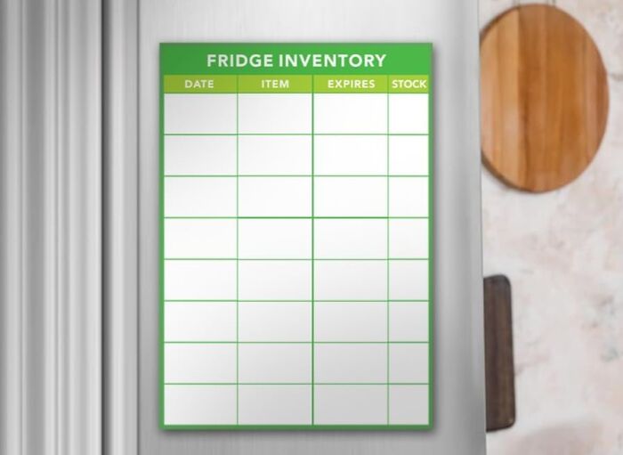 Fridge inventory chart on a wall helps manage Costco a*******n efficiently.