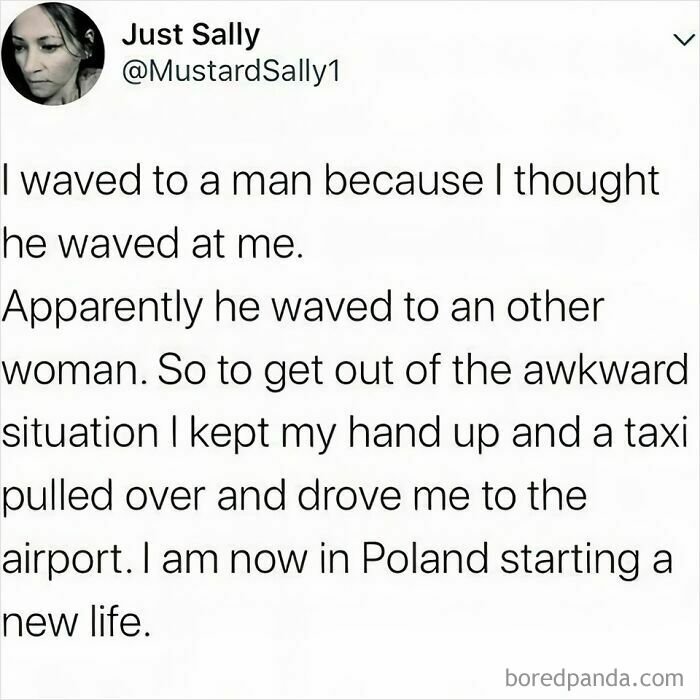Funny meme tweet about waving, leading to an unexpected trip, bringing daily humor to readers.