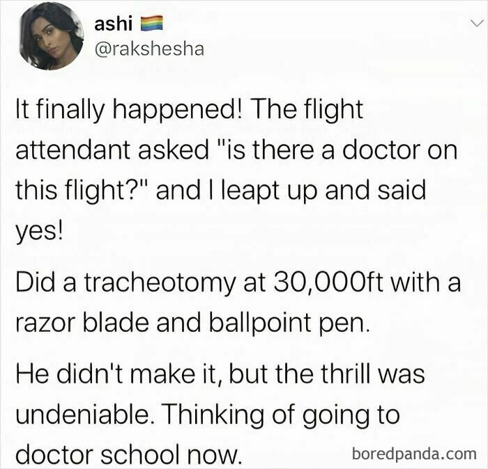 Tweet about a humorous DIY tracheotomy at 30,000 feet for daily humor memes.