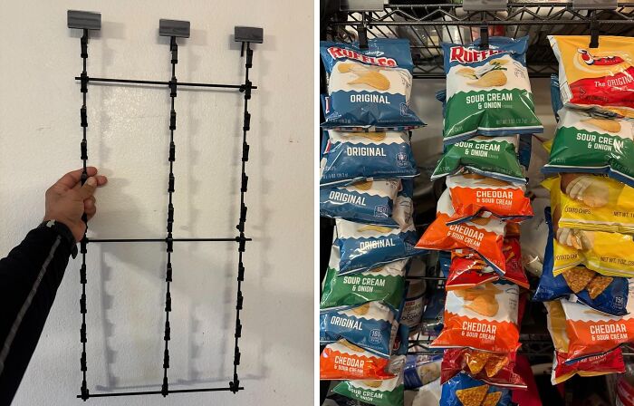 Hand holding a snack rack organizer next to a display of assorted chips, addressing Costco a*******n solutions.
