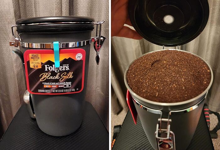 Folgers Black Silk coffee container, lid open revealing ground coffee, demonstrating ways to manage your Costco habits efficiently.