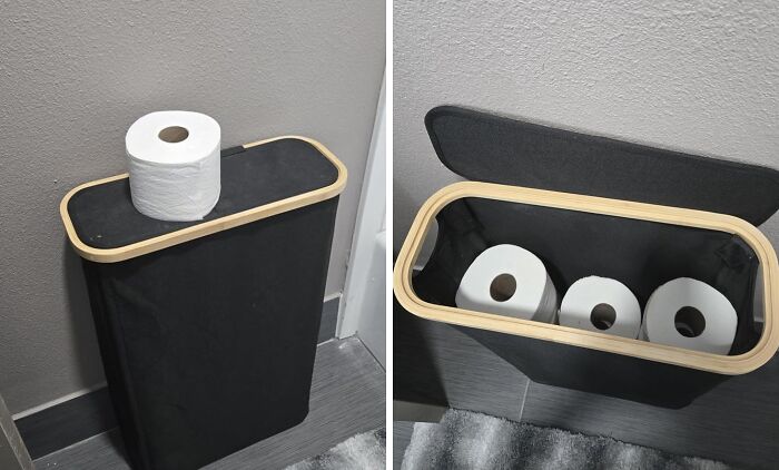 Toilet paper stored neatly in a black container, showcasing organized Costco purchases.