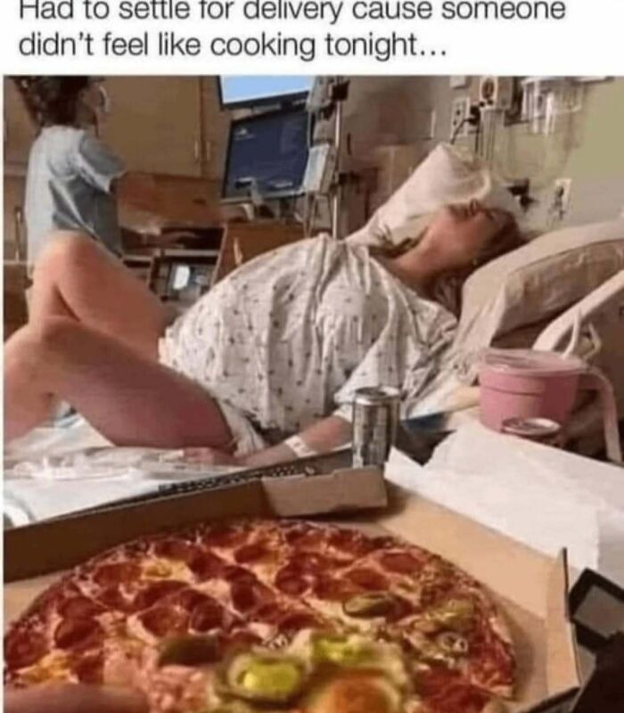 Hospital room with woman resting; pizza delivery sits nearby. Daily humor meme theme.