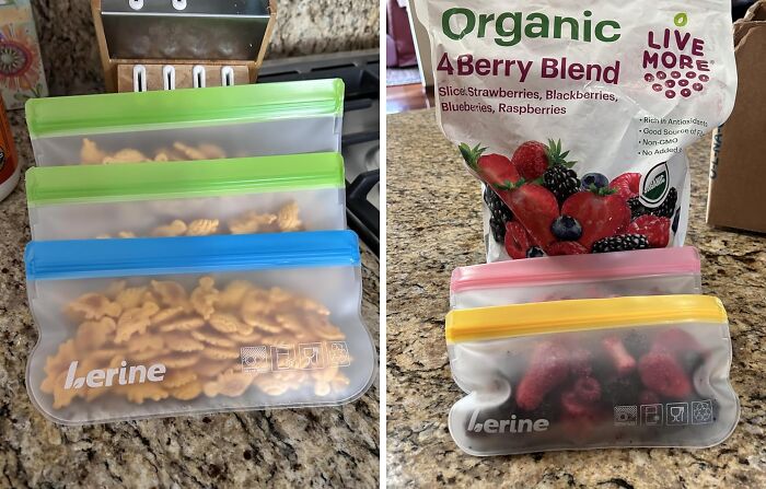 Reusable bags with snacks and frozen berries on a kitchen counter, ideal for handling a Costco a*******n.