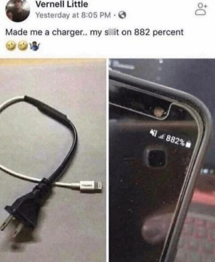 Humor meme showing a creative DIY phone charger and a phone screen at 882% battery.