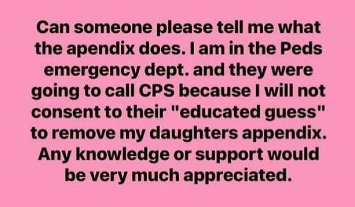Confused mom in group questions appendix removal advice, seeking knowledge and support.